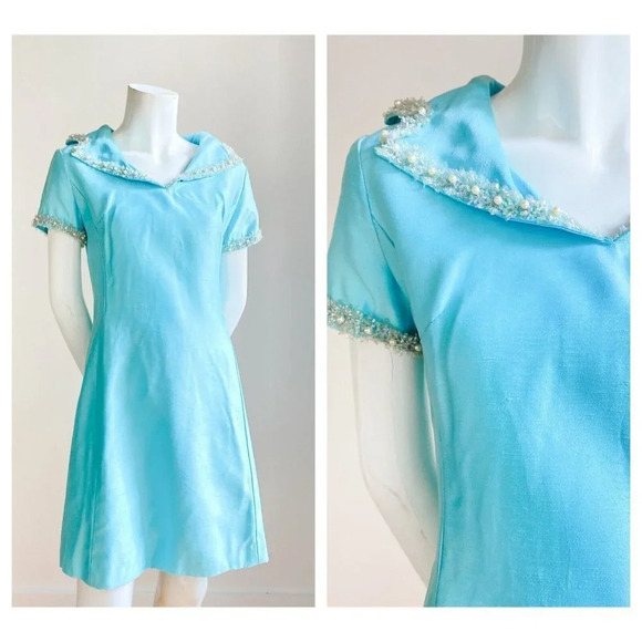 Vintage Light Blue 50s 60s Beaded Detail Short Sleeve Mini Dress S - Picture 1 of 11